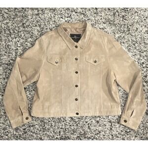 BRANDON THOMAS Flower Embroidered Beige Tan‎ Suede Leather Jacket Blazer XL #G14